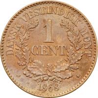 reverse of 1 Cent - Christian IX (1868 - 1883) coin with KM# 68 from Danish West Indies. Inscription: DANSK VESTINDISK MUNT 1 CENT 1883