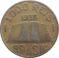 obverse of 1000 Réis - Smaller (1936 - 1938) coin with KM# 541 from Brazil. Inscription: 1.000 RÉIS 1938 BRASIL WT