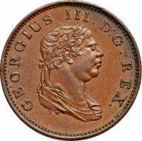 obverse of 1/2 Stiver - George III (1813) coin with KM# 9 from Demerara and Essequibo. Inscription: GEORGIUS III. D:G. R E X.