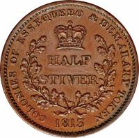 Demerara and Essequibo coin 1/2 Stiver - George III (1813) reverse reverse of 1/2 Stiver - George III (1813) coin with KM# 9 from Demerara and Essequibo. Inscription: COLONIES OF ESSEQUEBO & DEMARARY TOKEN HALF STIVER 1813