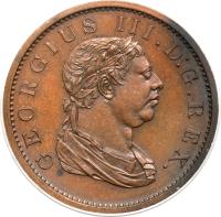 obverse of 1 Stiver - George III (1813) coin with KM# 10 from Demerara and Essequibo. Inscription: GEORGIUS III.D.G.REX.