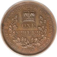 reverse of 1 Stiver - George III (1813) coin with KM# 10 from Demerara and Essequibo. Inscription: COLONIES OF ESSEQUEBO & DEMARARY TOKEN