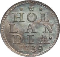 Dutch Republic coin 1 Duit (1702 - 1780) reverse reverse of 1 Duit (1702 - 1780) coin with KM# 80 from Dutch Republic. Inscription: · * · HOL LAN DIA · 1739