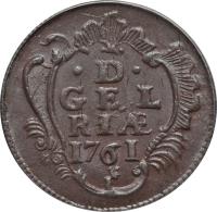 Dutch Republic coin 1 Duit (1758 - 1768) reverse reverse of 1 Duit (1758 - 1768) coin with KM# 93 from Dutch Republic. Inscription: · D · GEL RIÆ 1761