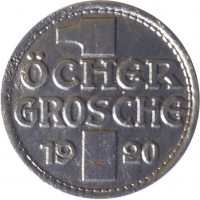 reverse of 10 Pfennig - Aachen (Rheinprovinz) (1920) coin with F# 1.5 from Germany. Inscription: 1 ÖCHER GROSCHE 1920