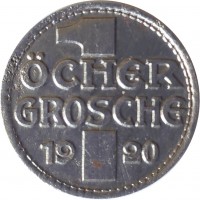 Germany coin 10 Pfennig - Aachen (Rheinprovinz) (1920) reverse reverse of 10 Pfennig - Aachen (Rheinprovinz) (1920) coin with F# 1.5 from Germany. Inscription: 1 ÖCHER GROSCHE 1920