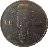 Korea coin 100 Won (1983 - 2015) obverse obverse of 100 Won (1983 - 2015) coin with KM# 35 from Korea. Inscription: 백 원