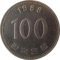 reverse of 100 Won (1983 - 2015) coin with KM# 35 from Korea. Inscription: 2007 100 한국은행