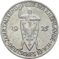 Germany coin 3 Reichsmark - 1000th Year of the Rhineland (1925) obverse obverse of 3 Reichsmark - 1000th Year of the Rhineland (1925) coin with KM# 46 from Germany. Inscription: JAHRTAUSEND FEIER DER RHEINLANDE 19 25 DEUTSCHES REICH