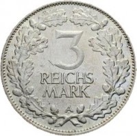 reverse of 3 Reichsmark - 1000th Year of the Rhineland (1925) coin with KM# 46 from Germany. Inscription: 3 REICHS MARK A