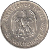 obverse of 2 Reichsmark - Friedrich Schiller - Smaller (1934) coin with KM# 84 from Germany. Inscription: Deutsches Reich 2 Reichsmark