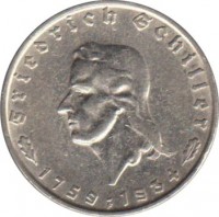 reverse of 2 Reichsmark - Friedrich Schiller - Smaller (1934) coin with KM# 84 from Germany. Inscription: Friedrich Schiller 1759 F 1934