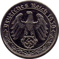 obverse of 50 Reichspfennig (1938 - 1939) coin with KM# 95 from Germany. Inscription: Deutsches Reich 1939