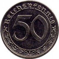 Germany coin 50 Reichspfennig (1938 - 1939) reverse reverse of 50 Reichspfennig (1938 - 1939) coin with KM# 95 from Germany. Inscription: 50 Reichspfennig