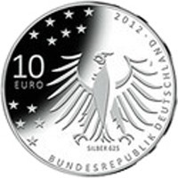 obverse of 10 Euro - 150th Anniversary of Birth of Gerhard Hauptmann (2012) coin with KM# 312 from Germany. Inscription: 2012 10 EURO BUNDESREPUBLIK DEUTSCHLAND