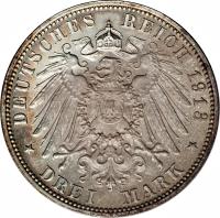reverse of 3 Mark - Friedrich August III (1908 - 1913) coin with KM# 1267 from German States. Inscription: DEUTSCHES REICH 1912 * DREI MARK *