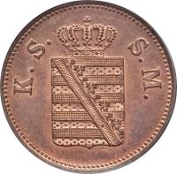 obverse of 2 Pfennige - Johann (1855 - 1859) coin with KM# 1185 from German States. Inscription: K.S. S.M.