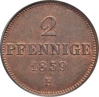 reverse of 2 Pfennige - Johann (1855 - 1859) coin with KM# 1185 from German States. Inscription: 2 PFENNINGE 1859 F