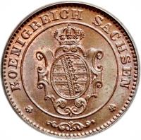 obverse of 1 Pfennig - Johann (1862 - 1873) coin with KM# 1216 from German States. Inscription: KOENIGREICH SACHSEN