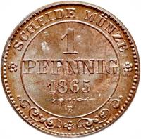 German States coin 1 Pfennig - Johann (1862 - 1873) reverse reverse of 1 Pfennig - Johann (1862 - 1873) coin with KM# 1216 from German States. Inscription: SCHEIDE MÜNZE 1 PFENNIG 1862 B