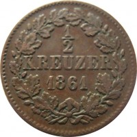 German States coin 1/2 Kreuzer - Friedrich I (1859 - 1871) reverse reverse of 1/2 Kreuzer - Friedrich I (1859 - 1871) coin with KM# 241 from German States. Inscription: 1 - 2 KREUZER 1861