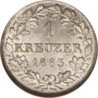 reverse of 1 Kreuzer - Maximilian II (1858 - 1864) coin with KM# 858 from German States. Inscription: 1 KREUZER 1863