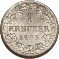 German States coin 1 Kreuzer - Maximilian II (1858 - 1864) reverse reverse of 1 Kreuzer - Maximilian II (1858 - 1864) coin with KM# 858 from German States. Inscription: 1 KREUZER 1863