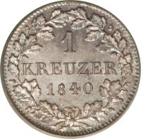 German States coin 1 Kreuzer - Ludwig I (1839 - 1856) reverse reverse of 1 Kreuzer - Ludwig I (1839 - 1856) coin with KM# 799 from German States. Inscription: 1 KREUZER 1840