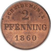 reverse of 2 Pfenning - Ludwig II (1858 - 1871) coin with KM# 857 from German States. Inscription: SCHEIDEMÜNZE 2 PFENNING 1860