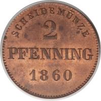 German States coin 2 Pfenning - Ludwig II (1858 - 1871) reverse reverse of 2 Pfenning - Ludwig II (1858 - 1871) coin with KM# 857 from German States. Inscription: SCHEIDEMÜNZE 2 PFENNING 1860