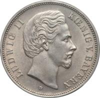 German States coin 5 Mark - Ludwig II (1874 - 1876) obverse obverse of 5 Mark - Ludwig II (1874 - 1876) coin with KM# 896 from German States. Inscription: LUDWIG II KÖNIG V. BAYERN D