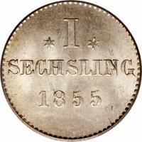 German States coin 1 Sechsling (1855) reverse reverse of 1 Sechsling (1855) coin with KM# 585 from German States.