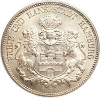 German States coin 5 Mark (1891 - 1913) obverse obverse of 5 Mark (1891 - 1913) coin with KM# 610 from German States. Inscription: FREIE UND HANSESTADT HAMBURG J