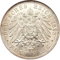 German States coin 5 Mark (1891 - 1913) reverse reverse of 5 Mark (1891 - 1913) coin with KM# 610 from German States. Inscription: DEUTSCHES REICH 1893 * FÜNF MARK *