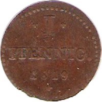 German States coin 1 Pfennig - Ludwig X (1811 - 1819) reverse reverse of 1 Pfennig - Ludwig X (1811 - 1819) coin with KM# 280 from German States. Inscription: I PFENNIG 1819