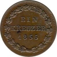 German States coin 1 Kreuzer - Friedrich August (1842 - 1856) reverse reverse of 1 Kreuzer - Friedrich August (1842 - 1856) coin with KM# 67 from German States. Inscription: EIN KREUZER 1855