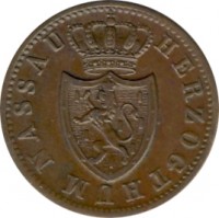 obverse of 1 Kreuzer - Friedrich August (1842 - 1856) coin with KM# 67 from German States. Inscription: NASSAU HERZOGTHUM