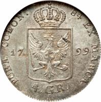 German States coin 4 Groschen - Friedrich Wilhelm III (1797 - 1809) reverse reverse of 4 Groschen - Friedrich Wilhelm III (1797 - 1809) coin with KM# 370 from German States. Inscription: PURA COLON 84 EX MARCA 17 99 4. GR. A