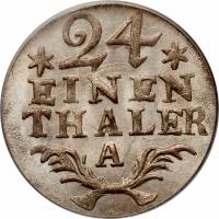 German States coin 1/24 Thaler - Friedrich II (1764 - 1786) reverse reverse of 1/24 Thaler - Friedrich II (1764 - 1786) coin with KM# 296 from German States. Inscription: 24 EINEN THALER A