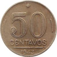 reverse of 50 Centavos (1942 - 1943) coin with KM# 557 from Brazil. Inscription: * 50 CENTAVOS 1942