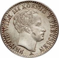 obverse of 1/6 Reichsthaler - Friedrich Wilhelm III (1822 - 1840) coin with KM# 411 from German States. Inscription: FRIEDR. WILH. III KOENIG V. PREUSSEN A