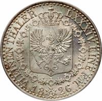 German States coin 1/6 Reichsthaler - Friedrich Wilhelm III (1822 - 1840) reverse reverse of 1/6 Reichsthaler - Friedrich Wilhelm III (1822 - 1840) coin with KM# 411 from German States. Inscription: VI. EINEN THALER LXXXIV. EINE F.M. 1826