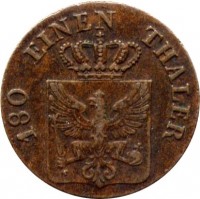 obverse of 2 Pfenninge - Friedrich Wilhelm III (1821 - 1840) coin with KM# 406 from German States. Inscription: 180 EINEN THALER