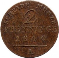German States coin 2 Pfenninge - Friedrich Wilhelm III (1821 - 1840) reverse reverse of 2 Pfenninge - Friedrich Wilhelm III (1821 - 1840) coin with KM# 406 from German States. Inscription: SCHEIDE MÜNZE 2 PFENNINGE 1840 A