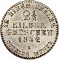 German States coin 2 1/2 Silber Groschen - Friedrich Wilhelm IV (1842 - 1852) reverse reverse of 2 1/2 Silber Groschen - Friedrich Wilhelm IV (1842 - 1852) coin with KM# 444 from German States. Inscription: 12 EINEN THALER 2½ SILBER GROSCHEN 1842 A SHEIDE MÜNZE