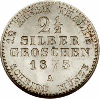 German States coin 2 1/2 Silber Groschen - Wilhelm I (1861 - 1873) reverse reverse of 2 1/2 Silber Groschen - Wilhelm I (1861 - 1873) coin with KM# 486 from German States. Inscription: 12 EINEN THALER 2 1/2 SILBER GROSCHEN 1873 A SCHEIDE MÜNZE
