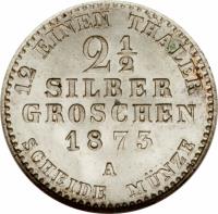 reverse of 2 1/2 Silber Groschen - Wilhelm I (1861 - 1873) coin with KM# 486 from German States. Inscription: 12 EINEN THALER 2 1/2 SILBER GROSCHEN 1873 A SCHEIDE MÜNZE