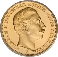obverse of 20 Mark - Wilhelm II (1890 - 1913) coin with KM# 521 from German States. Inscription: WILHELM II DEUTSCHER KAISER KONIG V. PREUSSEN J