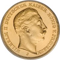 German States coin 20 Mark - Wilhelm II (1890 - 1913) obverse obverse of 20 Mark - Wilhelm II (1890 - 1913) coin with KM# 521 from German States. Inscription: WILHELM II DEUTSCHER KAISER KONIG V. PREUSSEN J