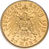 German States coin 20 Mark - Wilhelm II (1890 - 1913) reverse reverse of 20 Mark - Wilhelm II (1890 - 1913) coin with KM# 521 from German States. Inscription: DEUTSCHES REICH 1912 * 20 MARK *
